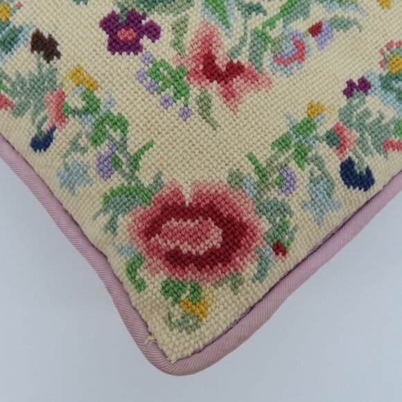 Handmade Multicolor Flower Floral Needlepoint Purple Back Throw Accent Pillow - Picture 6 of 13